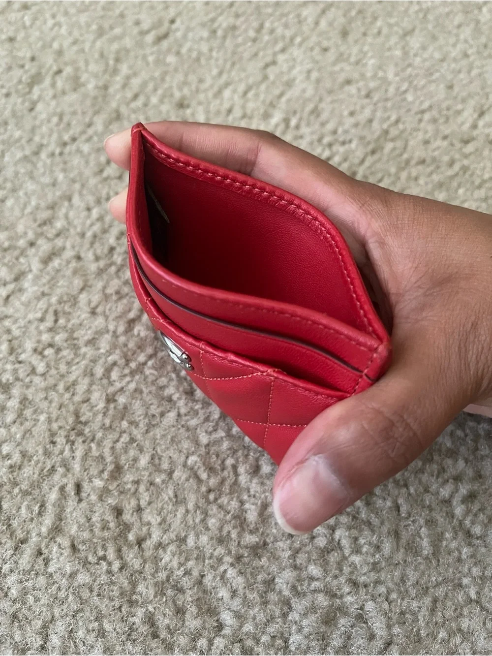 Coach Quilted Red Leather Card Holder with Silver C Logo